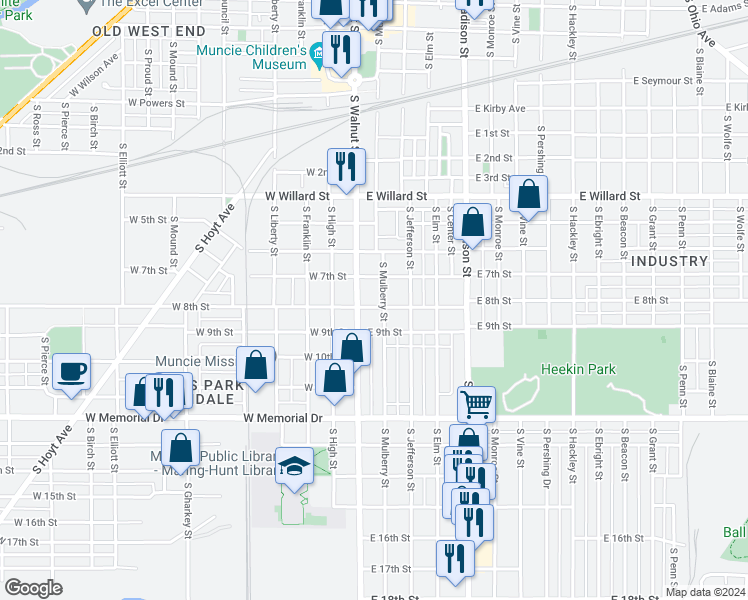 map of restaurants, bars, coffee shops, grocery stores, and more near 100-114 East 8th Street in Muncie