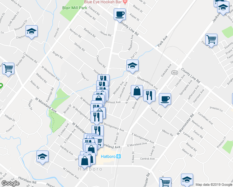 map of restaurants, bars, coffee shops, grocery stores, and more near 334 Windsor Avenue in Hatboro