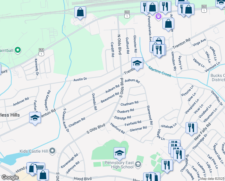 map of restaurants, bars, coffee shops, grocery stores, and more near 722 Auburn Road in Fairless Hills
