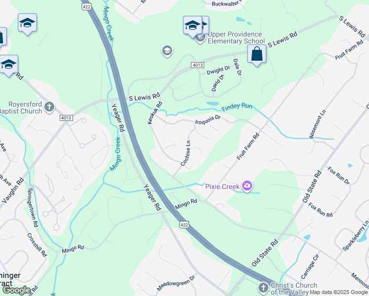 map of restaurants, bars, coffee shops, grocery stores, and more near 16 Cochise Lane in Royersford