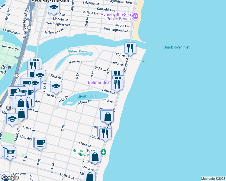 map of restaurants, bars, coffee shops, grocery stores, and more near 96 5th Avenue in Belmar