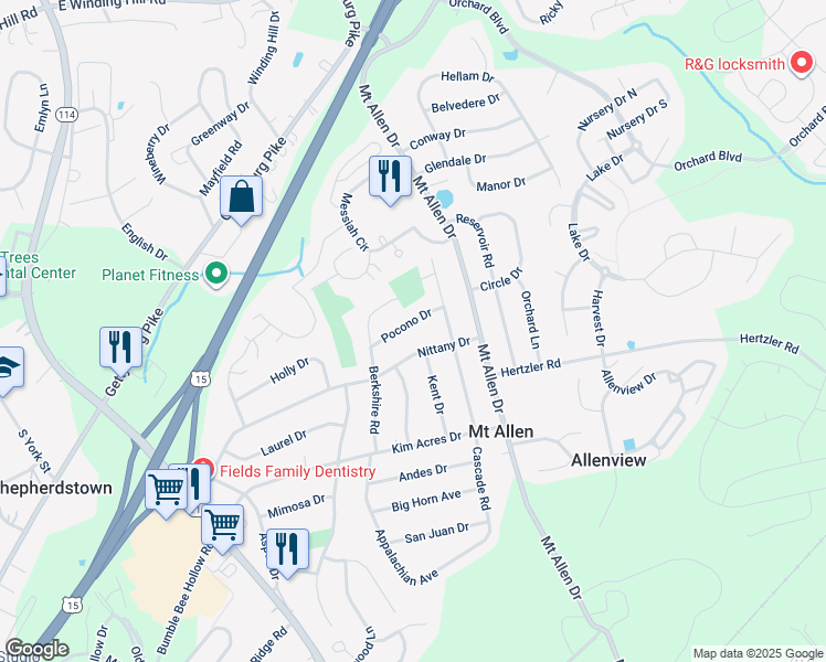 map of restaurants, bars, coffee shops, grocery stores, and more near 7 Pocono Drive in Mechanicsburg