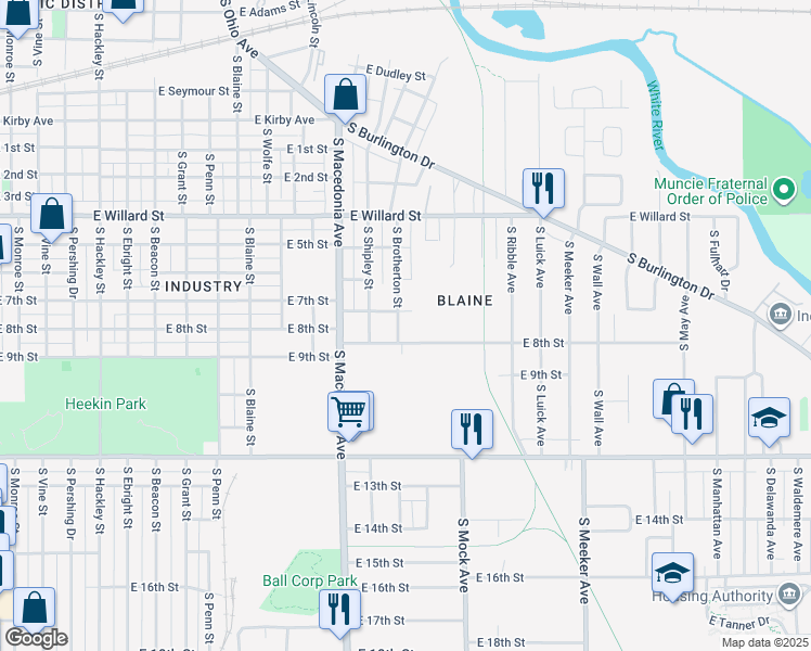 map of restaurants, bars, coffee shops, grocery stores, and more near 1416 South Brotherton Street in Muncie
