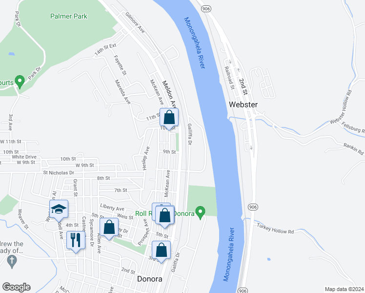 map of restaurants, bars, coffee shops, grocery stores, and more near 918 Meldon Avenue in Donora