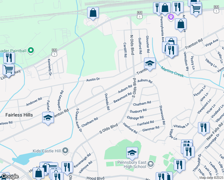 map of restaurants, bars, coffee shops, grocery stores, and more near 676 Trenton Road in Fairless Hills