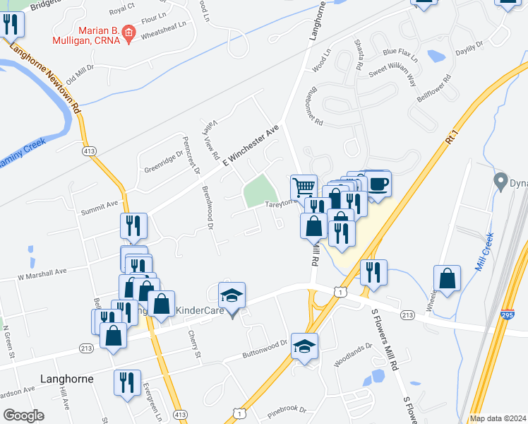 map of restaurants, bars, coffee shops, grocery stores, and more near 362 Stratton Court in Langhorne