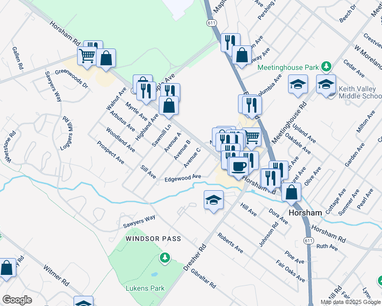 map of restaurants, bars, coffee shops, grocery stores, and more near 408 Avenue C in Horsham