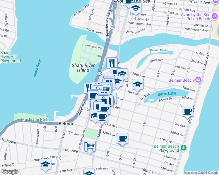 map of restaurants, bars, coffee shops, grocery stores, and more near 705 Main Street in Belmar