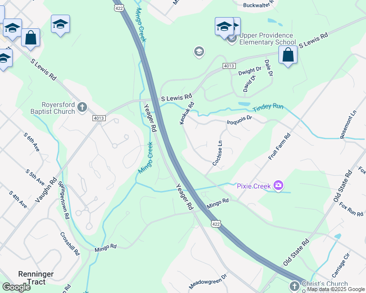 map of restaurants, bars, coffee shops, grocery stores, and more near 930 Mennonite Road in Royersford
