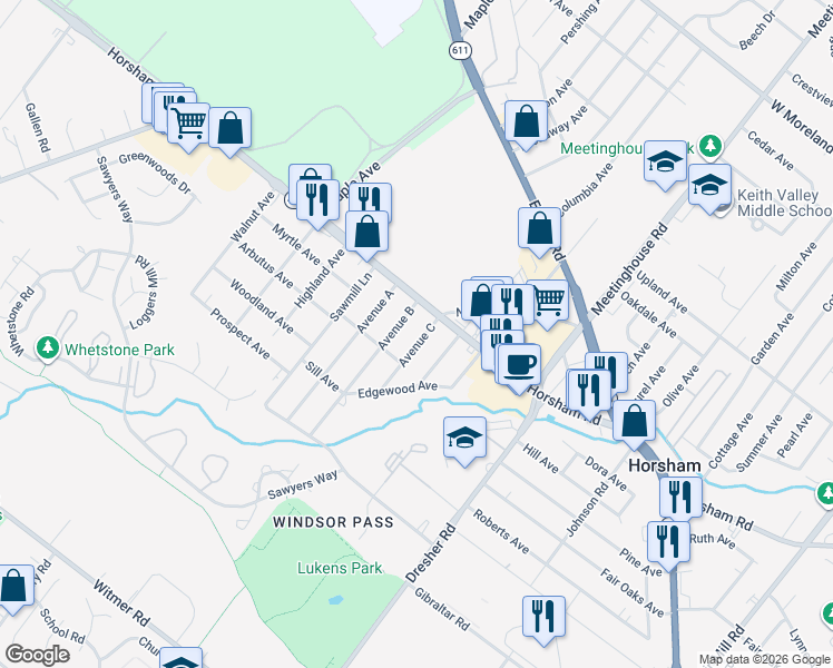 map of restaurants, bars, coffee shops, grocery stores, and more near 411 Avenue C in Horsham