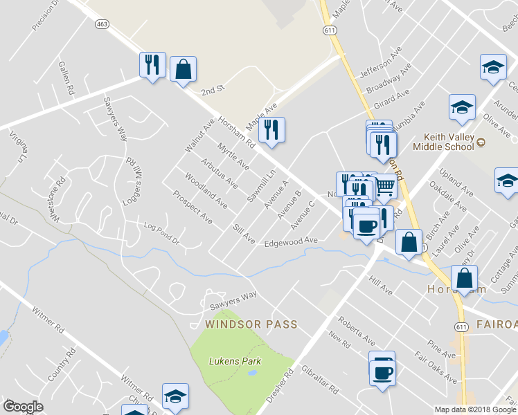map of restaurants, bars, coffee shops, grocery stores, and more near 424 Avenue A in Horsham