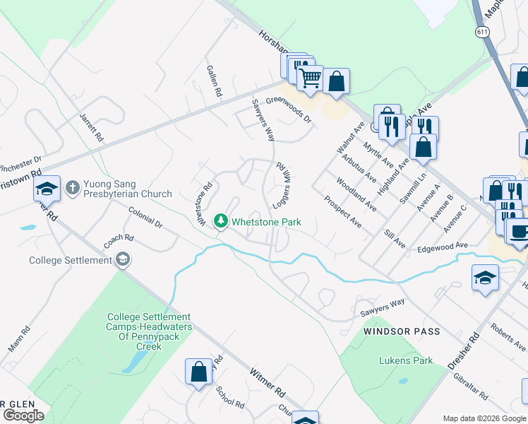 map of restaurants, bars, coffee shops, grocery stores, and more near 46 Ash Stoker Lane in Horsham