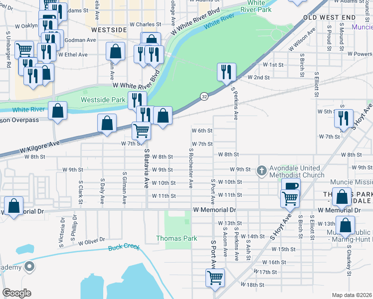 map of restaurants, bars, coffee shops, grocery stores, and more near 1900 West 8th Street in Muncie