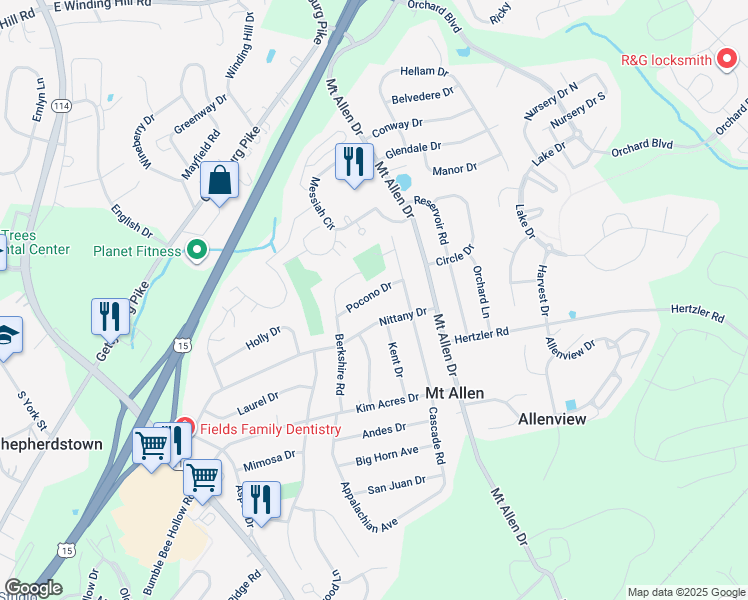 map of restaurants, bars, coffee shops, grocery stores, and more near 7 Pocono Drive in Mechanicsburg