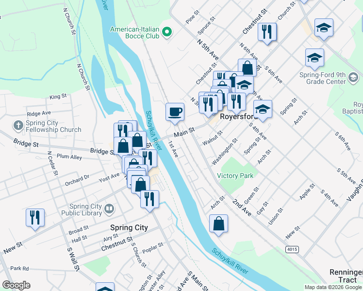 map of restaurants, bars, coffee shops, grocery stores, and more near 58 Clover Place in Royersford