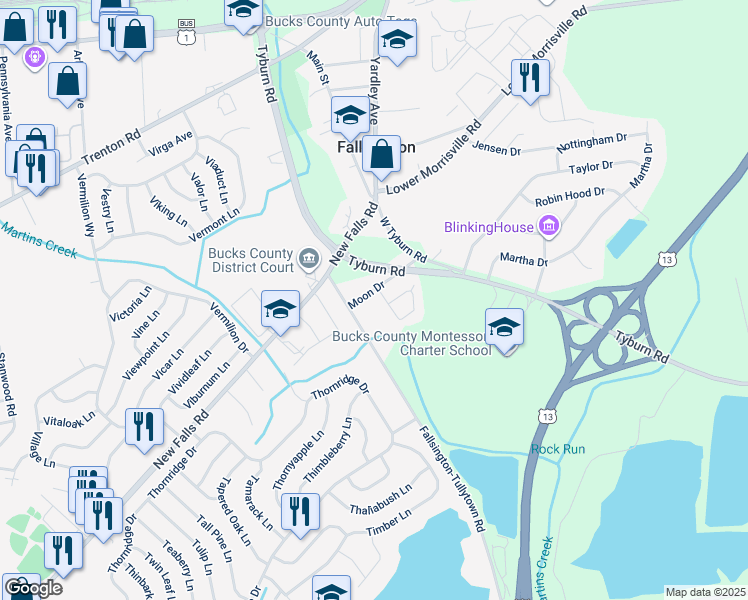 map of restaurants, bars, coffee shops, grocery stores, and more near 22 Main Street in Fairless Hills