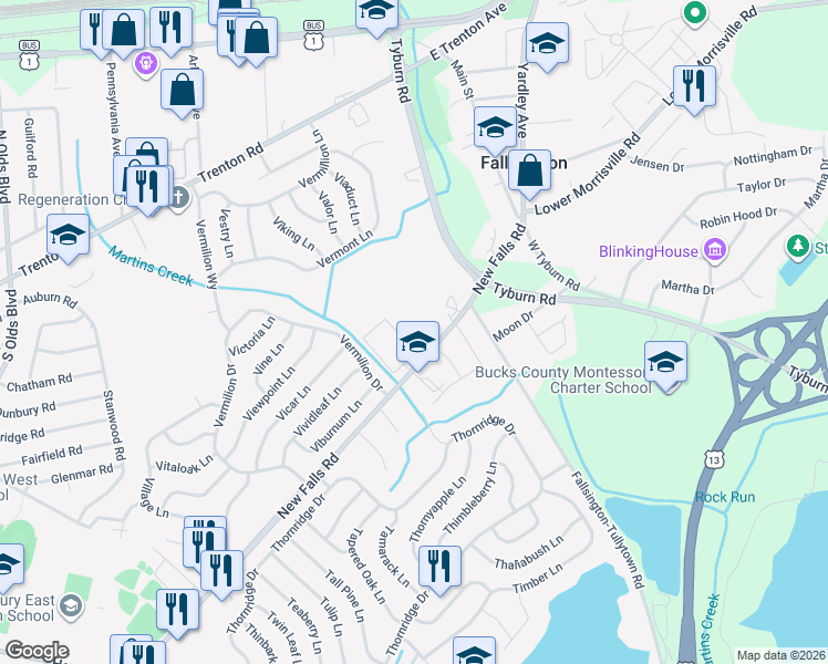 map of restaurants, bars, coffee shops, grocery stores, and more near 9151 New Falls Road in Levittown