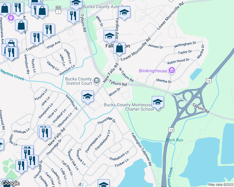 map of restaurants, bars, coffee shops, grocery stores, and more near 22 Main Street in Fairless Hills