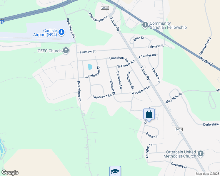 map of restaurants, bars, coffee shops, grocery stores, and more near 564 Hillcrest Drive in Carlisle