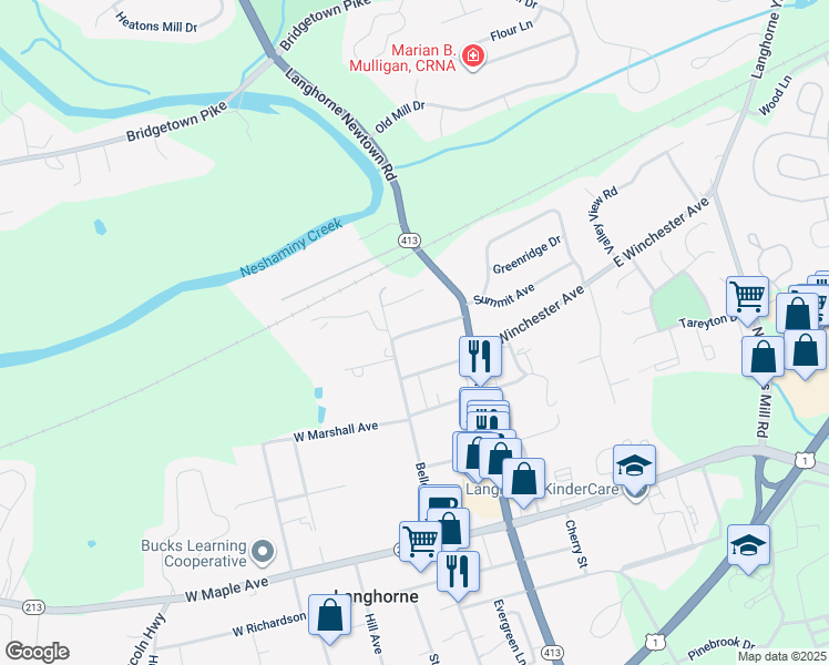 map of restaurants, bars, coffee shops, grocery stores, and more near 130 Summit Avenue in Langhorne