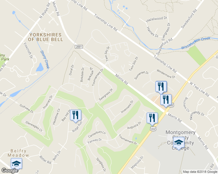 map of restaurants, bars, coffee shops, grocery stores, and more near 140 Sawgrass Drive in Blue Bell