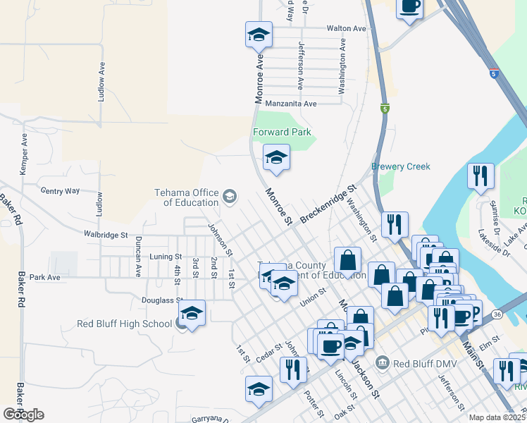 map of restaurants, bars, coffee shops, grocery stores, and more near 1508 Jackson Street in Red Bluff