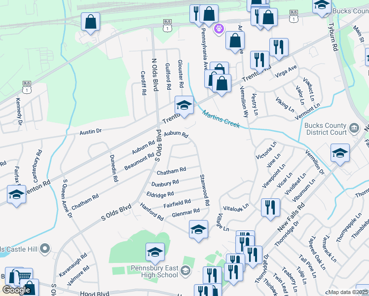 map of restaurants, bars, coffee shops, grocery stores, and more near 204 Brentwood Road in Fairless Hills