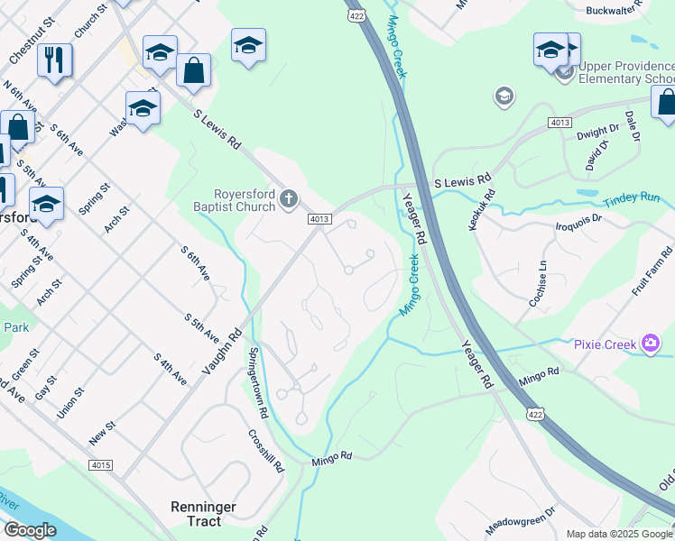 map of restaurants, bars, coffee shops, grocery stores, and more near 18 Orchard Court in Royersford