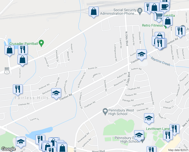 map of restaurants, bars, coffee shops, grocery stores, and more near 120 Lebbie Lane in Fairless Hills