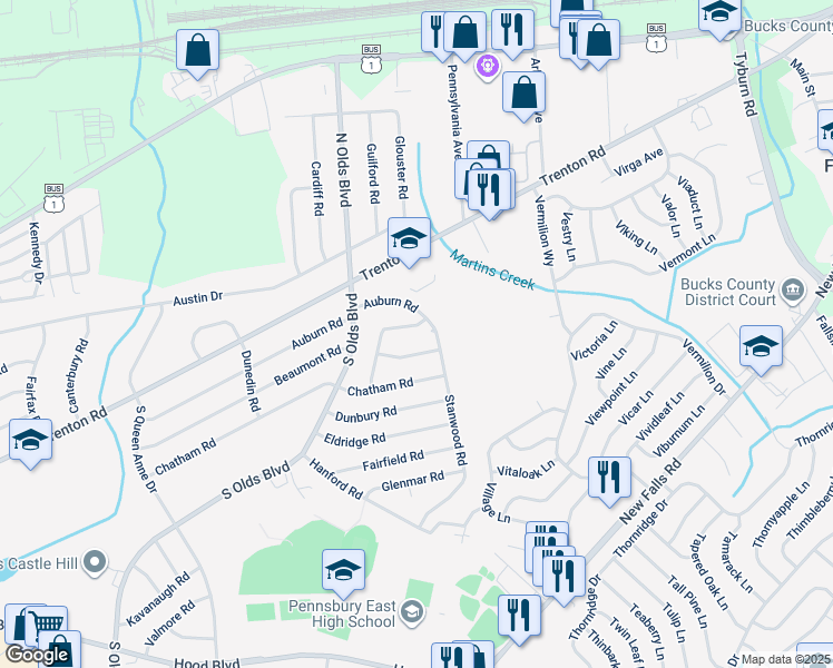 map of restaurants, bars, coffee shops, grocery stores, and more near 202 Brentwood Road in Fairless Hills