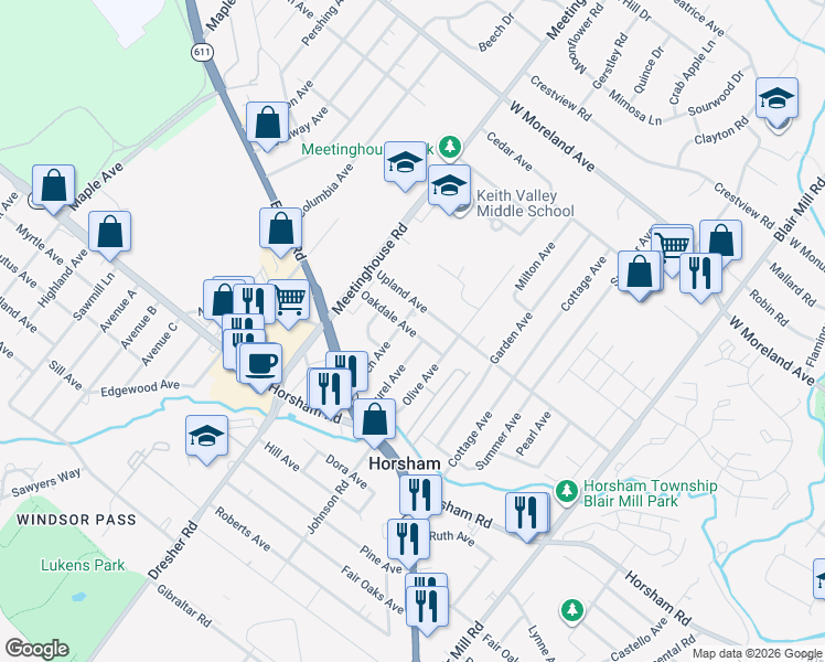 map of restaurants, bars, coffee shops, grocery stores, and more near 226 Oakdale Avenue in Horsham