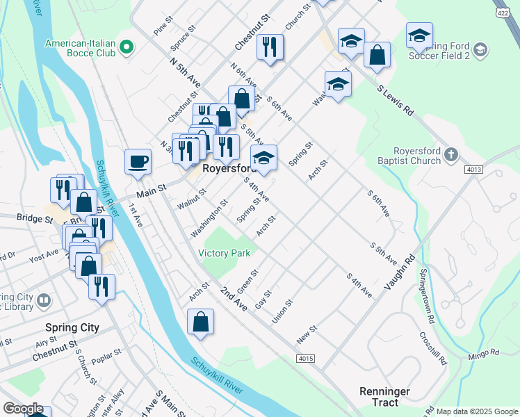 map of restaurants, bars, coffee shops, grocery stores, and more near 341 Arch Street in Royersford