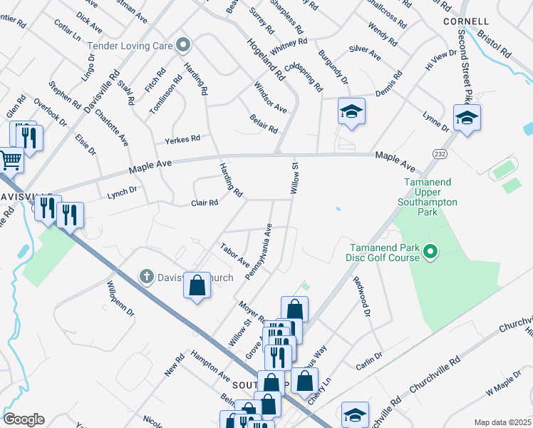 map of restaurants, bars, coffee shops, grocery stores, and more near 1020 Pennsylvania Avenue in Southampton