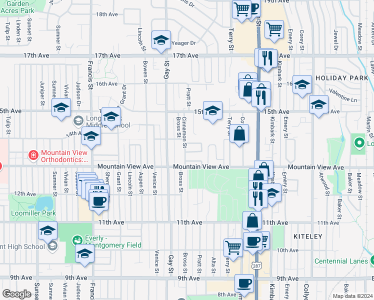 map of restaurants, bars, coffee shops, grocery stores, and more near 1013 Townley Circle in Longmont