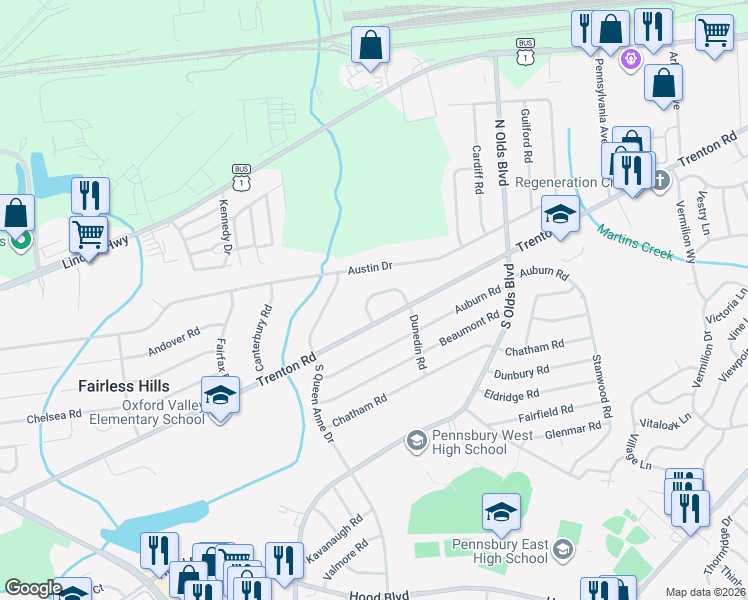 map of restaurants, bars, coffee shops, grocery stores, and more near 645 Trenton Road in Fairless Hills