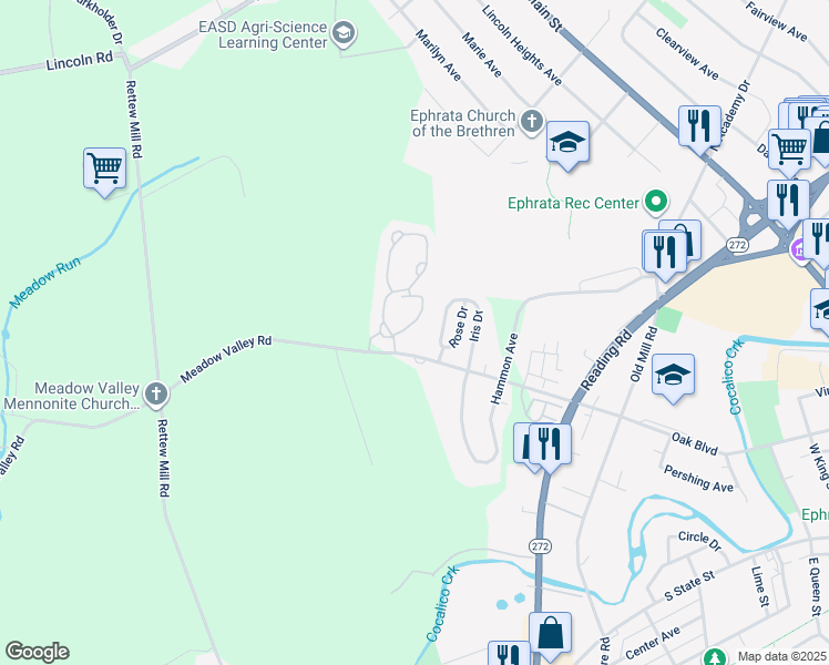 map of restaurants, bars, coffee shops, grocery stores, and more near 10 Stonecreek Court in Ephrata