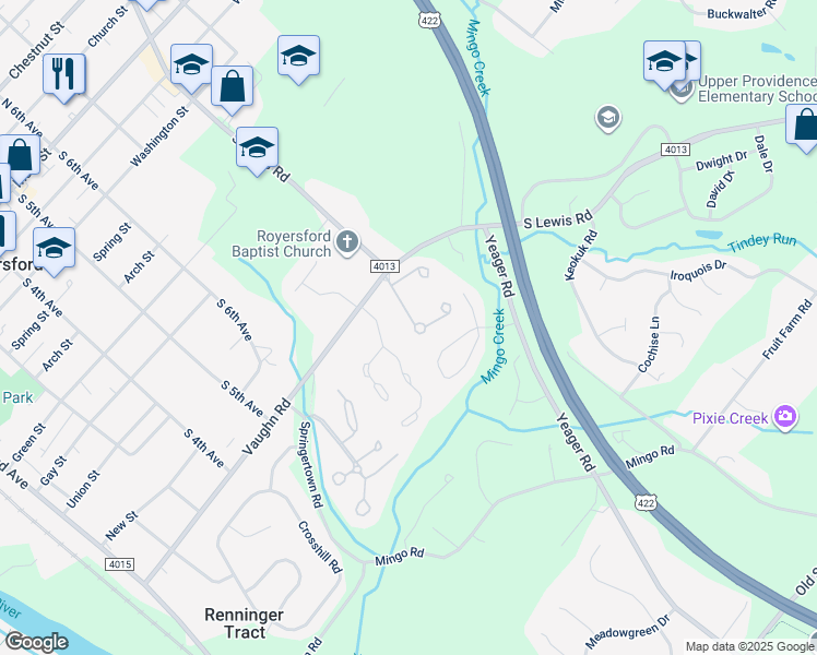 map of restaurants, bars, coffee shops, grocery stores, and more near 18 Orchard Court in Royersford