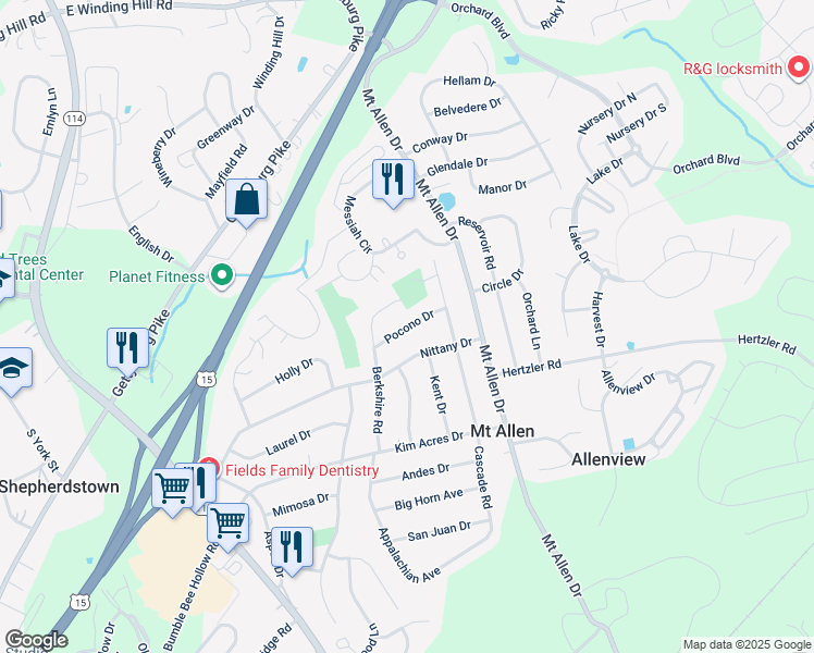 map of restaurants, bars, coffee shops, grocery stores, and more near 10 Pocono Drive in Mechanicsburg