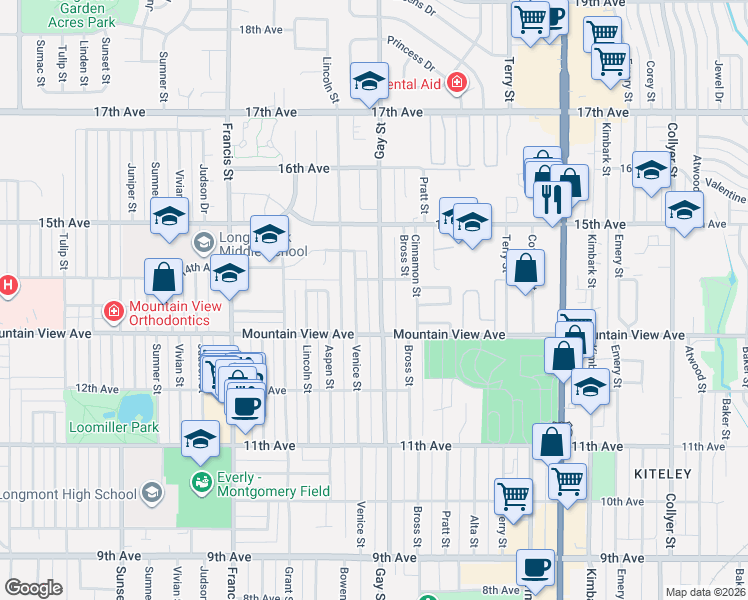 map of restaurants, bars, coffee shops, grocery stores, and more near 1314 Venice Street in Longmont