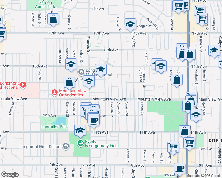 map of restaurants, bars, coffee shops, grocery stores, and more near 1320 Grant Street in Longmont