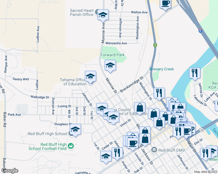 map of restaurants, bars, coffee shops, grocery stores, and more near 1447 Monroe Street in Red Bluff