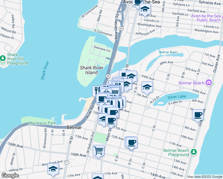 map of restaurants, bars, coffee shops, grocery stores, and more near 710 8th Avenue in Belmar