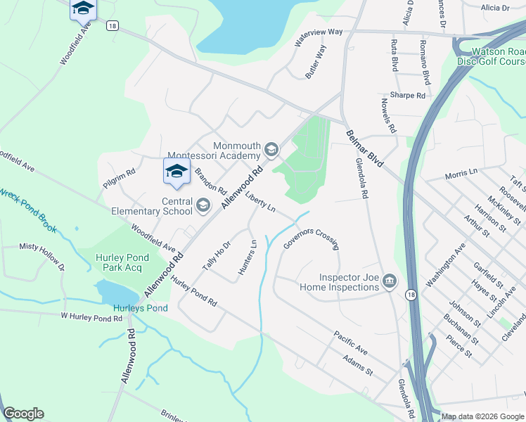 map of restaurants, bars, coffee shops, grocery stores, and more near 3205 Liberty Lane in Monmouth County