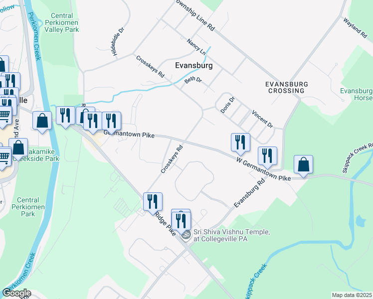 map of restaurants, bars, coffee shops, grocery stores, and more near 5006 Rose Court in Collegeville