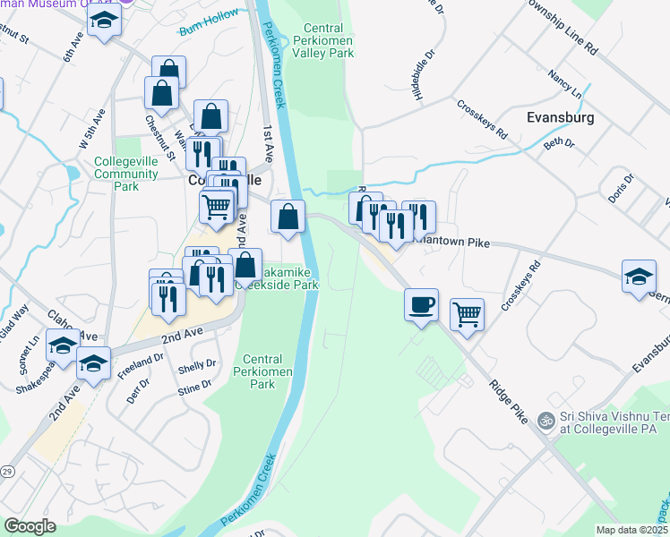 map of restaurants, bars, coffee shops, grocery stores, and more near 7 Pechins Mill Road in Collegeville