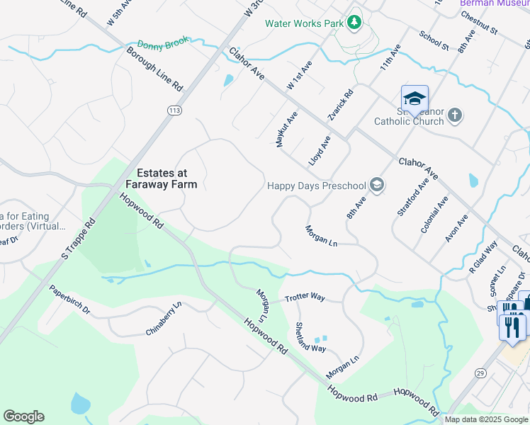 map of restaurants, bars, coffee shops, grocery stores, and more near 1806 Morgan Lane in Collegeville
