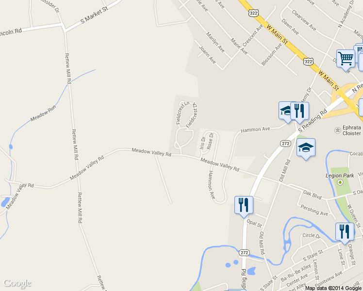 map of restaurants, bars, coffee shops, grocery stores, and more near 98 Fieldcrest Lane in Ephrata Township