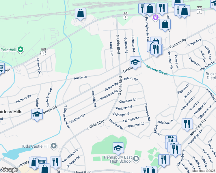 map of restaurants, bars, coffee shops, grocery stores, and more near 719 Auburn Road in Fairless Hills