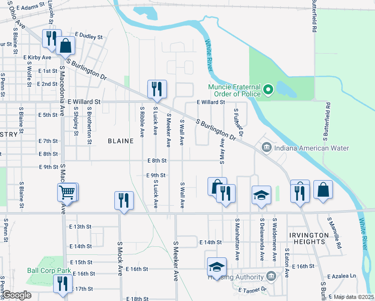 map of restaurants, bars, coffee shops, grocery stores, and more near 1405 South Emerson Court in Muncie