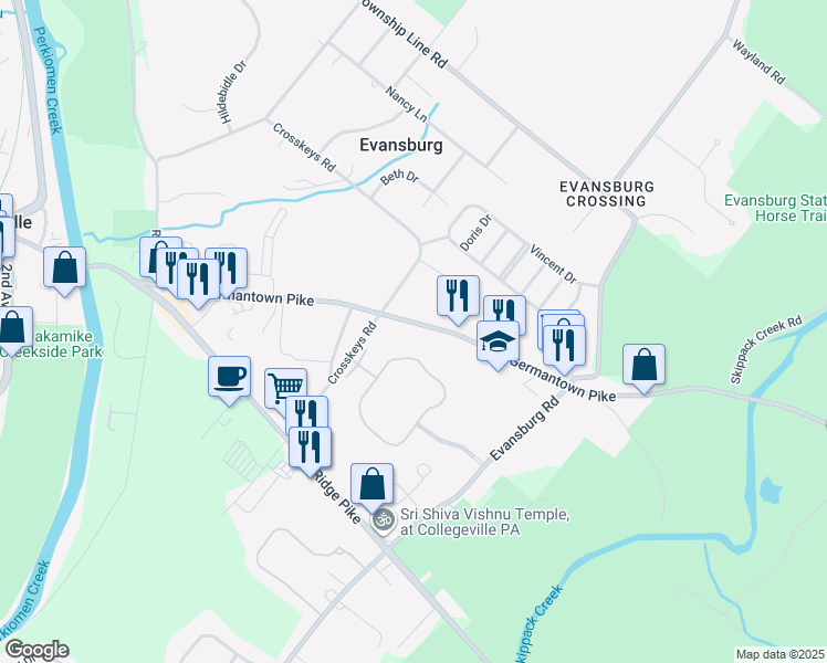map of restaurants, bars, coffee shops, grocery stores, and more near 1037 Greenes Way Circle in Collegeville